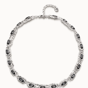 Sterling silver-plated necklace with lateral strip of small squares and 22 cases with gray crystals