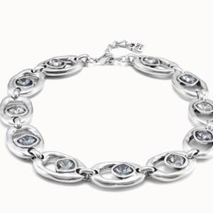 Sterling silver-plated necklace with large oval links with greenish gray and silver crystals