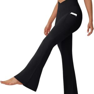 Women's Flare Leggings with Pockets-Crossover High Waisted Bootcut Yoga Pants-Tummy Control Bell Bottom Leggings