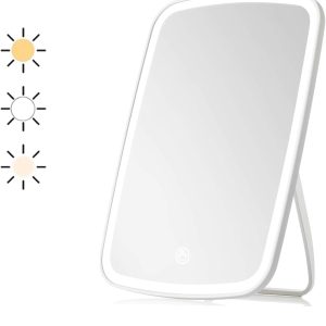 Ansuoda Cosmetic Mirror with Lighting, Rechargeable, 3 Colour Lights, Dimmable Makeup Mirror, Portable Travel Cosmetic Mirror for Home, Travel, Bedroom, Dressing Table
