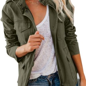 Soulomelody Women Military Anorak Jackets Zip Up Snap Buttons Parka Safari Utility Coats Outwear with Pocket