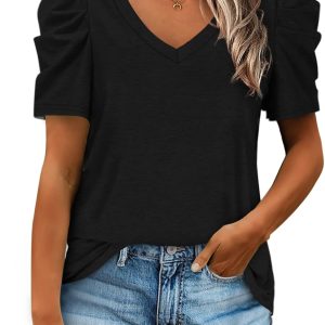 XIEERDUO Womens Summer Shirt V Neck Casual Tshirts Puff Sleeve Tops for Women Solid Color XS-3XL