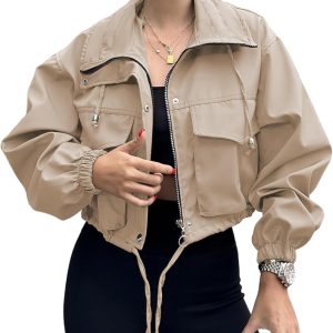 Tankaneo Womens Cropped Jacket Zip Up Lightweight Oversized Utility Anorak Coat with Pockets