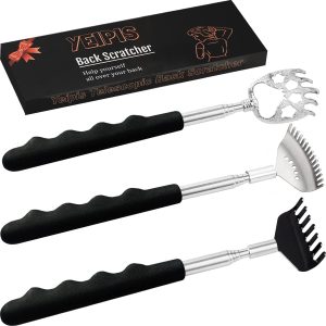 3 Pack Different Back Scratcher Metal Portable Telescoping with Rubber Handles, Extendable Back Massager Tool with Beautiful Box, Stocking Stuffers for Men Women Kids Adults (Black)