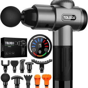 TOLOCO Massage Gun, Deep Tissue Back Massager for Athletes with 10 Massage Heads, Electric Muscle Percussion Massager for Any Pain Relief, FSA and HSA Eligible, Grey