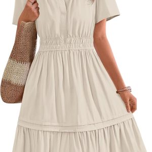 BTFBM Women's Casual V Neck Dresses 2025 Summer Spring Short Sleeve Sundress Smocked Waist A Line Tiered Mini Dress
