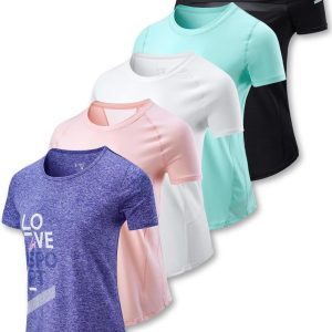5 Pack: Women's Dry Fit Short Sleeve T Shirts, Athletic Workout Tee Tops for Gym Yoga Running