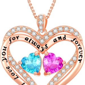 Rose Gold Heart Double Birthstone Necklace Gifts for Wife Girlfriend Her Women, Forever Love 12 Birthstone Jewelry Gemstone Birthday Mothers Day Gifts for Mom Grandma Her