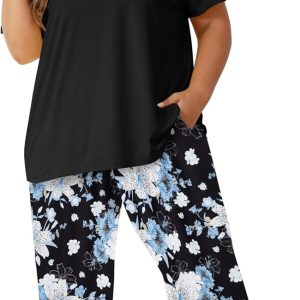 Vozanet Women's Pajama Sets Short Sleeve with Long Pant Soft Sleepwear Printed pj Loungewear With TWO Pockets Size 1X to 5X