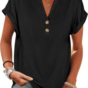 ANRABESS Womens Short Sleeve Henley Tops V Neck Dressy Casual Loose Fit Shirts Summer Flowy Blouses 2025 Trendy Clothes