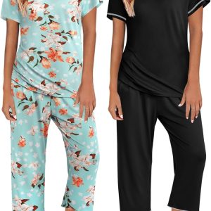 Ekouaer 2 Pack: Womens Pajamas Short Sleeve Sleepwear Tops and Capri Pants Pjs Print Pajama Sets
