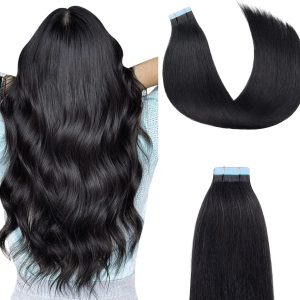 AGMITY Tape in Extensions äkta hår, 40 cm, 20 st 40 gram, 16 tum, djup svart, silkeslen, rak, sömlös hud, Weft Remy Tape i hårförlängningar (40 cm #1 djup svart)