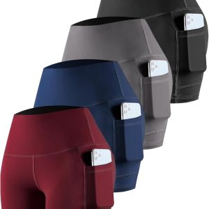 CHRLEISURE Womens Biker Shorts with Pockets: High Waisted Tummy Control Spandex Workout Yoga Athletic Gym Shorts 4 Packs