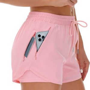 Women's Running Shorts with Liner 3 Zipper Pockets Elastic Workout Athletic Gym Yoga Shorts