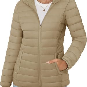 MAGCOMSEN Women's Hooded Puffer Jacket Lightweight Quilted Padded Coat 4 Pockets Zip-up Winter Warm Outerwear