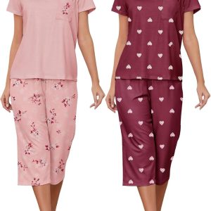 HONG HUI 2 Pack Womens Pajamas Set Short Sleeve Sleepwear Tops and Capri Pants Pjs Summer Loungewear Pj Sets S-3XL