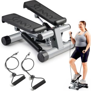 Sunny Health & Fitness Mini Steppers för träning hemma, trappsteg-träningsmaskin med motståndsband, helkroppsutrustning för konditionsträning, valfri gratis SunnyFit-app-anslutning, smart stepper