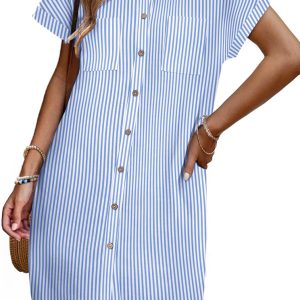 Zeagoo Womens Button Down Shirt Dress Summer Cotton Linen Dress V-Neck Mini Dress Casual Short Sleeve Loose Tunic Dresses
