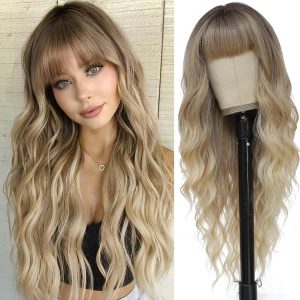 Ombre Blonde Wig with Bangs for Women Long Ombre Blonde Wavy Wigs 26 Inch Blonde Wigs Natural Looking Heat Resistant Synthetic Wig for Daily Party Use