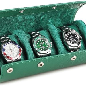 Watch Case Roll Travel Organizer Watch Protecter Slevee Box Saffiano Leather elegant Womens Watch Storage Display Case (3-Watch Green)