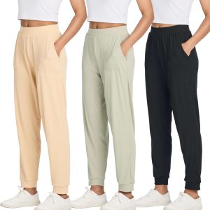 Real Essentials 3 Pack: Women's Ribbed Lounge Jogger Cuffed Yoga SweatpantsPockets (Available in Plus)