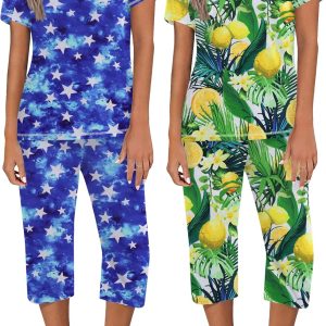 Ekouaer 2 Pack Women's Pajama Sets Short Sleeve Two-Piece Pjs V Neck Tops & Capri Pants Printed Lounge Sets S-3XL