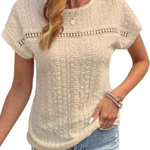 Womens Tops Casual Scoop Neck Short Sleeve Embroidered Lace Hollow Out Shirts Loose Tunic Knit Boho Blouses