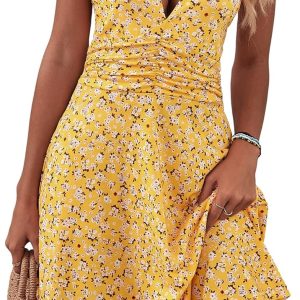 HUHOT Women's Summer Sundress Sleeveless Halter Neck Spring 2025 Floral with Pocket Elastic Waist Ruffle Mini Dresses
