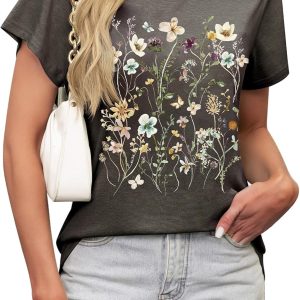LETSEE Womens Graphic T Shirts Boho Wildflower Shirts Vintage Floral Printed Tees Short Sleeve Trendy Tops for 2025