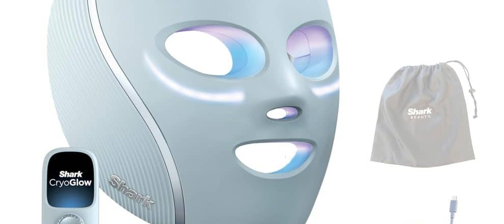 Shark CryoGlow LED Face Mask FSAHSA Eligible with Under Eye Cooling Anti Ageing Blemish Repair Red Blue LED Infrared Light Therapy USB C Remote Control Storage Bag Blue Frost FW312